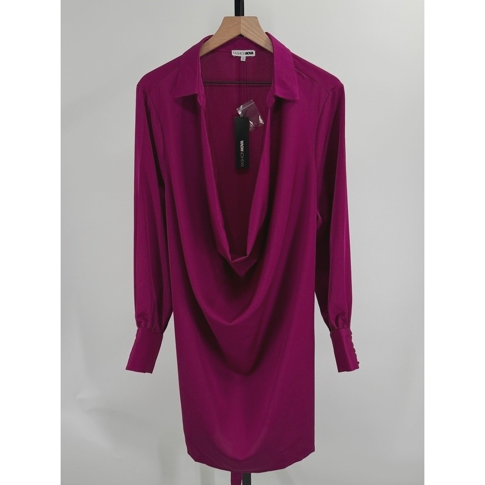 NWT Fashion Nova Magenta Long Sleeve Mini Dress V Neck Crepe Cocktail Party